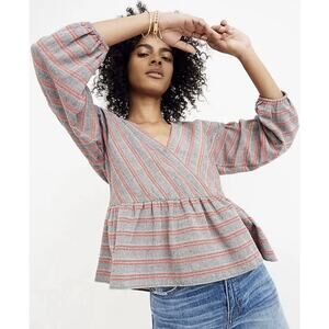 Madewell Striped Bubble-Sleeve Peplum Top Gray Medium NWT